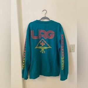 LRG Lifted Research Group Teal Green Tribal Graphic Crewneck Sweatshirt Size XL